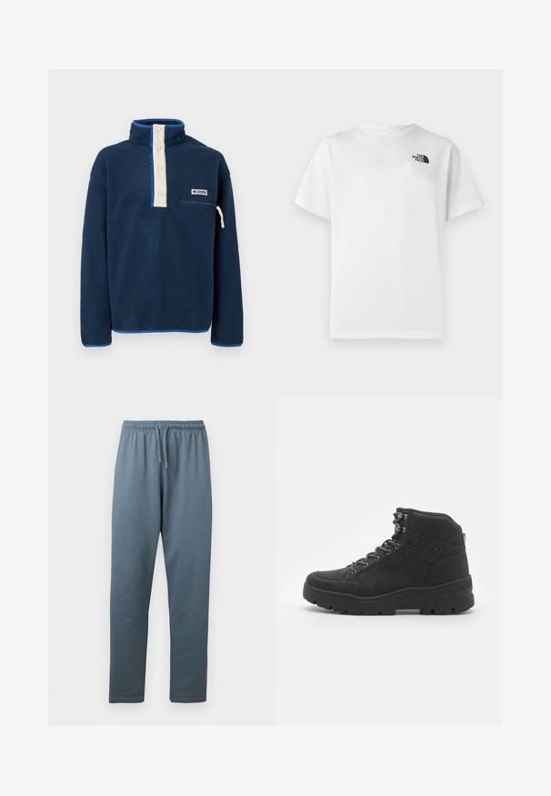 Marineblå fleece-pullover med høj krave, cremefarvet knapstolpe, brystlomme med lynlås og Columbia Sportswear-logo mærkat.; Hvid bomuld T-shirt med korte ærmer og rund halsudskæring. Har en lille sort logo på øverste venstre side. Glat tekstur.; Blågrå sweatpants med elastisk talje, justerbar snor og lige ben, vist mod en hvid baggrund.; Sorte ankelstøvler i ruskind. Har metaløjer, snørebånd og en struktureret gummisål med forstærket hæl.