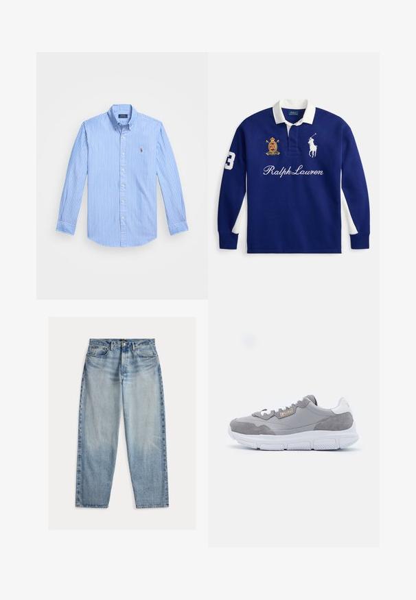 Blauw poloshirt met lange mouwen, witte kraag, geborduurd Ralph Lauren-logo, nummer 3 op de mouw en een schild met nummer 20 op de borst.; Blauwe en witte gestreepte lange mouwen overhemd met een puntige kraag en logo-embleem op de borst. Katoenen stof met een gladde textuur.; Lichtblauwe spijkerbroek met een ontspannen pasvorm. Voorzien van een hoge taille, vijf zakken en zichtbare stiksels. Het oppervlak is lichtjes getextureerd.; Grijze sport sneakers van suedine en synthetisch materiaal, witte rubberen zool, vetersluiting en goudkleurig logo accent aan de zijkant.