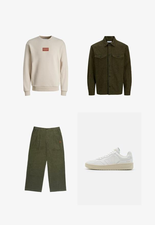 Beige Rundhalspullover mit langen Ärmeln und gerippten Bündchen, mit einem kleinen roten rechteckigen Logo-Patch auf der Brust mit der Aufschrift "Jack&Jones Definition of Denim".; Dunkelgrünes Langarmhemd mit Knopfleiste von Jack & Jones, mit zwei Brusttaschen, geknöpften Klappen und einem Kragen.; Olivgrüne Cordhosen mit lockerem Schnitt, knopfverschluss, vorderen Falten und kleinem, rotem gesticktem Logo.; Weiße Leder-Sneaker mit strukturierter Oberfläche und gepolstertem Kragen. Sie verfügen über eine beigen Gummisohle und dezente Markenkennzeichnung an der Ferse und an der Seite.