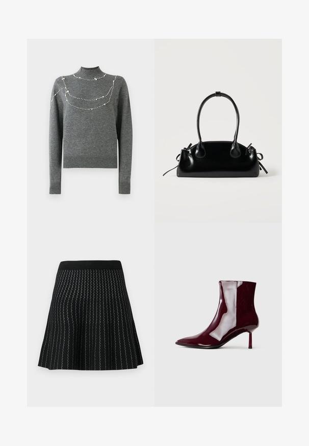 Pull en tricot gris avec un col montant et des manches longues. Il présente des motifs décoratifs en perles sur la poitrine de tailles différentes.; Jupe noire en mailles texturées avec des rayures argentées en zigzag, conçue avec une silhouette évasée et une taille noire solide.; Bottine brillante rouge foncé à bout pointu et talon fin mi-haut sur un fond clair.; Petit sac à main noir brillant avec deux longues anses et des détails à cordon sur les côtés sur un fond clair uni.