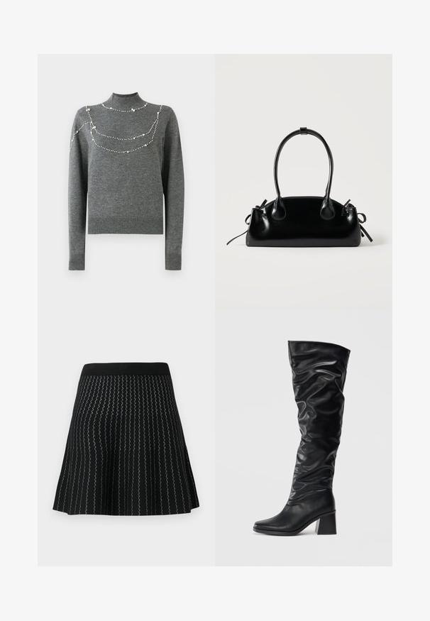 Grauer gestrickter Pullover mit hohem Kragen und langen Ärmeln. Verfügt über dekorative Perlenmuster über der Brust in unterschiedlichen Größen.; Schwarze Rock mit strukturiertem Strick und Zickzack-Silberstreifen, ausgestelltem Design und festem schwarzen Bund.; Schwarze kniehohe Stiefel aus glänzendem Leder mit einem lässigen Design, spitzer Zehenpartie und einem stabilen Blockabsatz. Sanfte Textur mit subtiler Glanz.; Kleine schwarze glänzende Handtasche mit zwei langen Griffen und seitlichen Kordelzug-Details vor einfachem hellem Hintergrund.