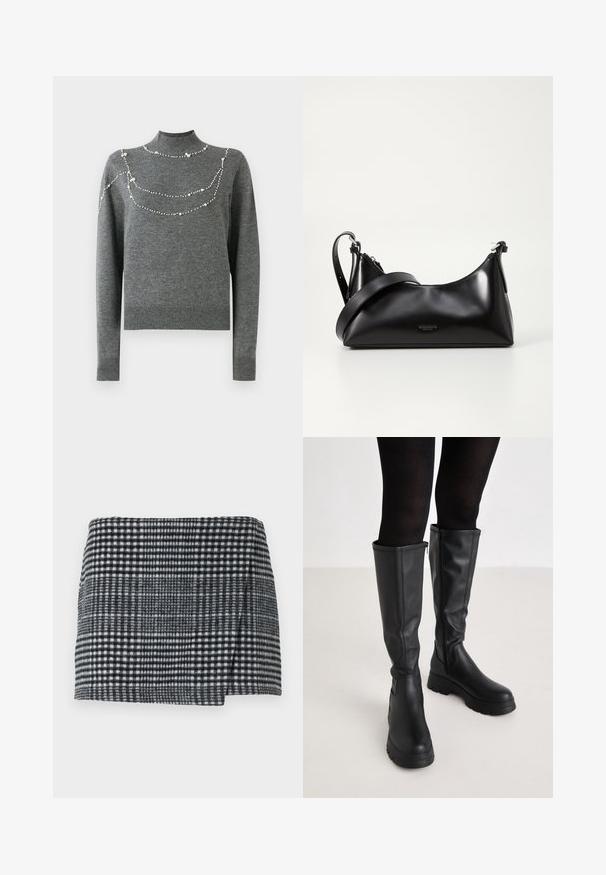 Grauer gestrickter Pullover mit hohem Kragen und langen Ärmeln. Verfügt über dekorative Perlenmuster über der Brust in unterschiedlichen Größen.; Woll-Minirock mit einem schwarz-weißen Pepita-Muster, gerader Schnitt mit einem leichten asymmetrischen Saum und strukturiertem Stoff.; Even&Odd by Zalando Plateaustiefel - black; Schwarze lederne Handtasche mit glatter Textur. Verfügt über einen verstellbaren Riemen und ein elegantes, minimalistisches Design mit einem Reißverschluss.