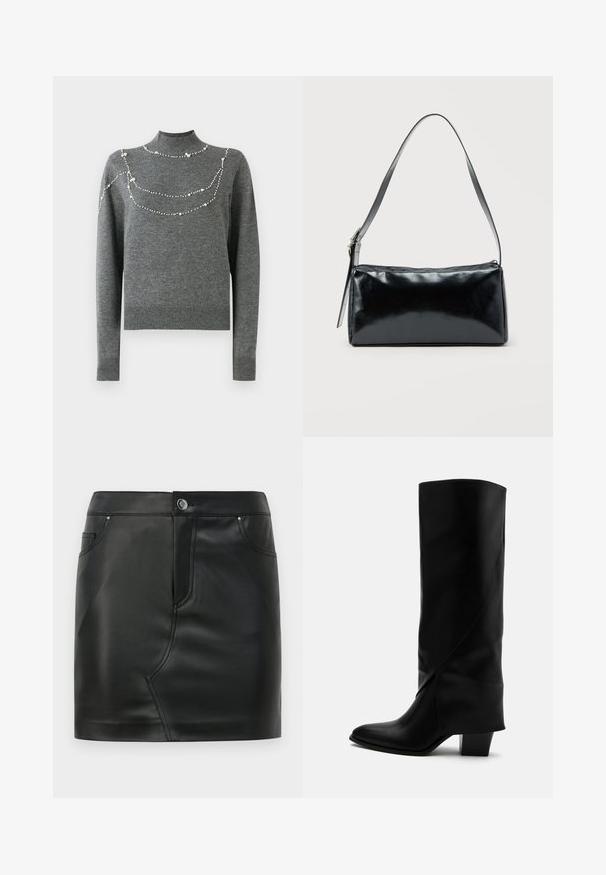 Suéter gris de punto con cuello alto y mangas largas. Presenta patrones decorativos de cuentas en el pecho de diferentes tamaños.; Mini falda de imitación cuero negra con botones frontales, cierre de cremallera, bolsillos delanteros y traseros, y detalles de costura.; Bota alta de cuero negro con costuras anguladas, puntera puntiaguda y tacón grueso de altura media sobre fondo blanco.; Bolso de hombro rectangular negro con una correa ajustable y un cierre de cremallera superior sobre un fondo liso.
