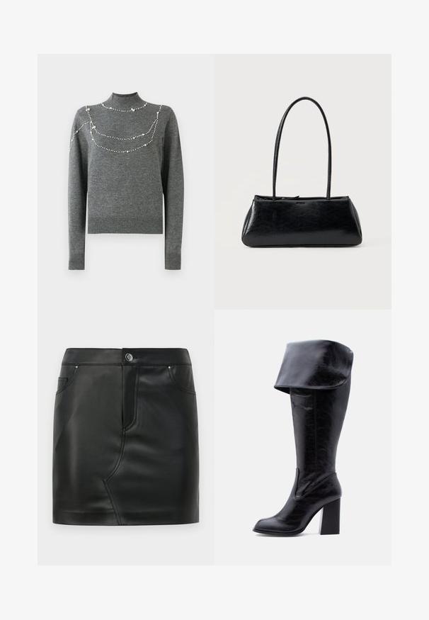 Suéter gris de punto con cuello alto y mangas largas. Presenta patrones decorativos de cuentas en el pecho de diferentes tamaños.; Mini falda de imitación cuero negra con botones frontales, cierre de cremallera, bolsillos delanteros y traseros, y detalles de costura.; Bota alta negra de cuero con tacón, puño doblado y punta redonda, de pie sobre un fondo blanco.; Bolso de hombro rectangular negro con correas largas y delgadas y una textura lisa y brillante sobre un fondo liso.
