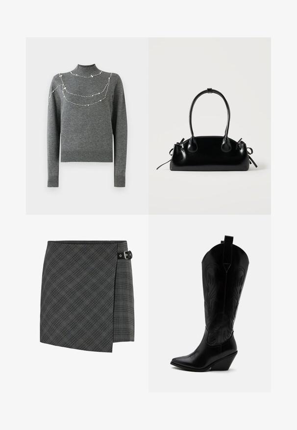 Suéter gris de punto con cuello alto y mangas largas. Presenta patrones decorativos de cuentas en el pecho de diferentes tamaños.; Falda de lana a cuadros gris oscuro con detalle de hebilla negra en el lado derecho, dobladillo recto y un sutil patrón de líneas diagonales.; Bota de vaquero de cuero negro con punta puntiaguda, tacón bloqueado inclinado, costuras decorativas y lengüetas en la parte superior sobre fondo blanco.; Pequeño bolso negro brillante con dos asas largas y detalles de cordón lateral sobre un fondo claro liso.
