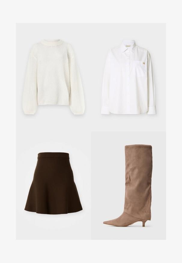 Hvid strikket sweater med lange ærmer, rund halsudskæring og et tekstureret mønster med åben vævning.; Hvid langærmet skjorte lavet af bomuld. Har en spids krave, knapper foran, en lomme på venstre bryst og et lille broderet logo.; Brun udvidet nederdel lavet af et blødt stof med en glat tekstur. Har en tætsiddende talje og et knælangt design, uden synlige mønstre.; Brun ruskindsstøvle til knæet med spids tå og lav kittenhæl. Glat tekstur og enkelt design uden yderligere pynt.