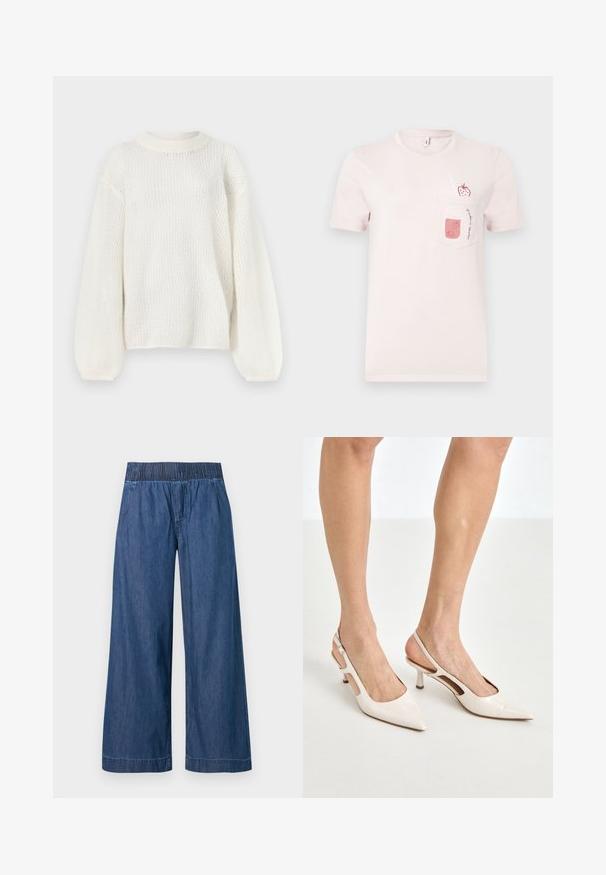Pull blanc en maille avec manches longues, col rond et motif texturé à tissage ouvert.; T-shirt rose clair à manches courtes avec une poche avant ornée d'un pot de smoothie à la fraise et d'une fraise avec une paille.; Pantalon en jean bleu à jambes larges avec taille élastique et coutures avant subtiles sur un fond uni.; Escarpins à talon slingback en cuir verni beige avec un bout pointu et un talon de 5 cm, présentant des côtés découpés et une fine bride à la cheville.