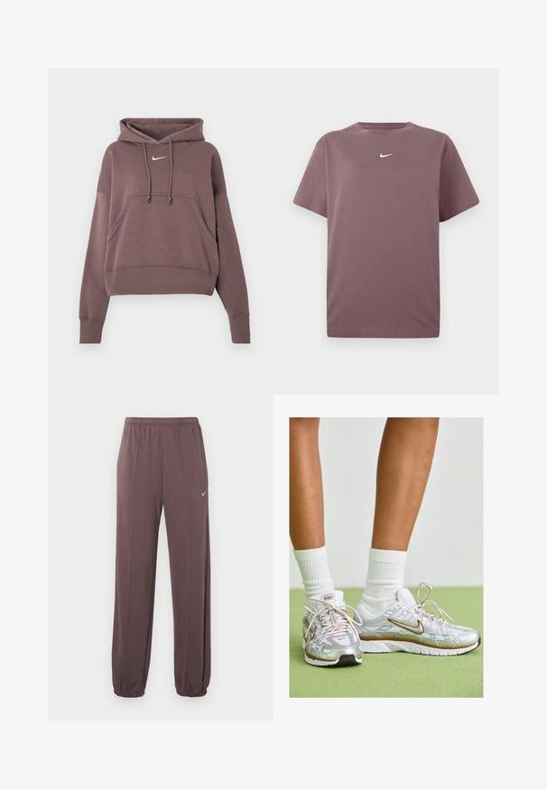 Brun cropped hoodie med frontlomme, snøre i hætten, ribbede manchetter og kant samt lille hvid Nike-logo på brystet.; En ensfarvet mauve kortærmet crewneck t-shirt med en lille hvid Nike swoosh centreret på brystet, præsenteret på hvid baggrund.; Brune sweatpants med elastisk talje, sidelommer, elastiske manchetter og et lille hvidt Nike-logo på den øverste venstre lår.; Sølv atletik sko med hvide og gyldne accenter, der har en mesh-overdel, gummisål og en reflekterende finish. Strømper synlige over anklen.