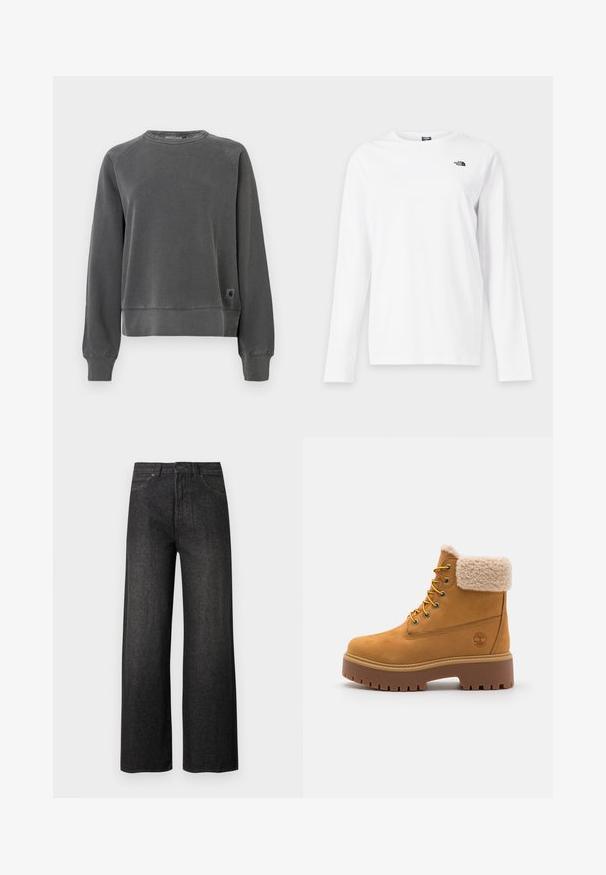 Sweatshirt à col ras du cou en tissu gris foncé, avec des poignets et un ourlet côtelés, arborant une petite étiquette logo sur le côté. Texture douce.; T-shirt blanc à manches longues avec col rond et petit logo noir The North Face sur le côté gauche de la poitrine.; Jean noir taille haute à jambes larges avec poches avant, fermeture à boutons et passants pour ceinture sur un fond clair uni.; Bottine en daim beige avec un col en fausse fourrure, œillets dorés et semelle en caoutchouc contrastante. Présente un logo sur le côté et un motif texturé sur la semelle.