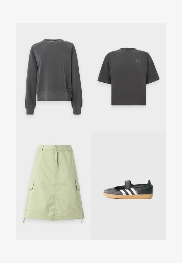 Crewneck sweatshirt in donkergrijs weefsel, met ribbels aan de manchetten en onderkant, en een klein logo-patch aan de onderzijde. Zachte textuur.; Donkergrijs oversized T-shirt met korte mouwen, ronde hals en een kleine Carhartt-logopatch op de linkerborst.; Lichtgroene katoenen knie-lange rok met twee zijcargo pockets, een knoopsluiting en een relaxte rechte pasvorm. Effen textuur.; Zwarte leren en suède sneaker met een klittenbandsluiting, voorzien van drie witte strepen en een gumzool, met de naam "SAMBA" aan de zijkant.