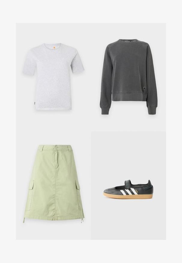 Crewneck sweatshirt in donkergrijs weefsel, met ribbels aan de manchetten en onderkant, en een klein logo-patch aan de onderzijde. Zachte textuur.; Grijze t-shirt met korte mouwen van zacht jersey-materiaal, met een ronde hals en een klein logo op de borst. Eenvoudig, minimalistisch ontwerp.; Lichtgroene katoenen knie-lange rok met twee zijcargo pockets, een knoopsluiting en een relaxte rechte pasvorm. Effen textuur.; Zwarte leren en suède sneaker met een klittenbandsluiting, voorzien van drie witte strepen en een gumzool, met de naam "SAMBA" aan de zijkant.