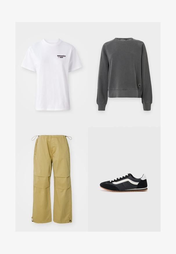 Sweatshirt à col ras du cou en tissu gris foncé, avec des poignets et un ourlet côtelés, arborant une petite étiquette logo sur le côté. Texture douce.; T-shirt blanc à manches courtes et col rond avec un petit logo Carhartt WIP noir et violet sur la poitrine gauche.; Pantalons cargo en kaki, dotés de jambes larges, d'une taille élastique, de poches avant et de poignets ajustables à cordon. Fabriqués en tissu léger.; Chaussure de sport noire avec tige en suède et textile, accents blancs, six œillets et semelle en caoutchouc. Forme élégante avec un profil bas.