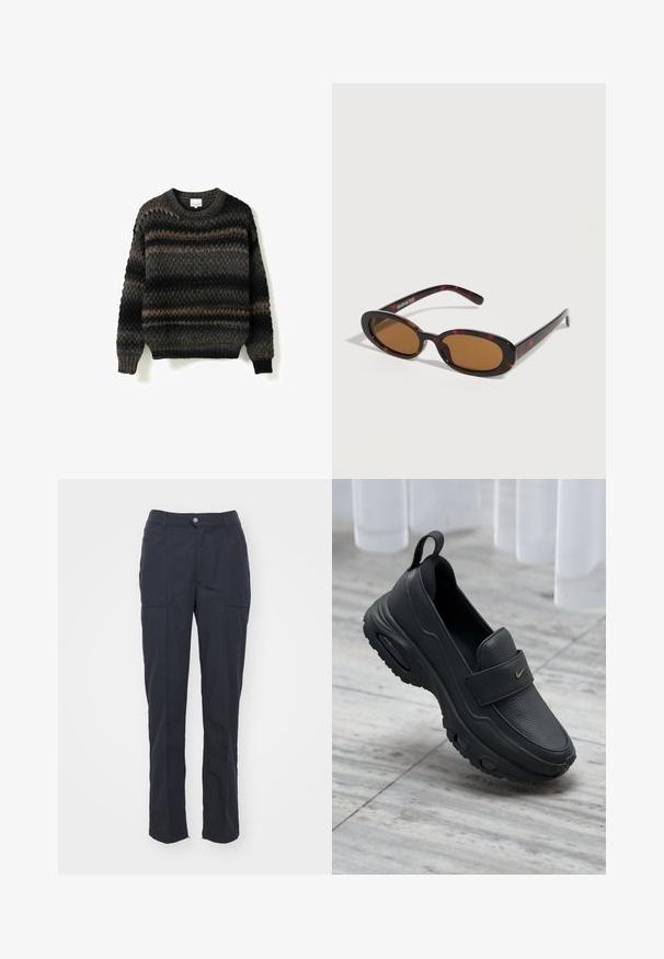 Strikket sweater med rund halsudskæring, mørkegrå og brune nuancer, struktureret mønster samt ribkantede manchetter og nederkant. Lidt løs pasform.; Mørkeblå bukser med lige pasform, som har to forlommer, en knaplukning og en glat stofstruktur.; Sort læder slip-on sko med flad sål, tekstureret finish, polstret overdel og guldfarvet logo-accent. Designet for komfort og nem påtagning.; Ovalformede solbriller med skildpaddemønster, brune tonede linser og tynde stænger, der hviler på en hvid overflade.