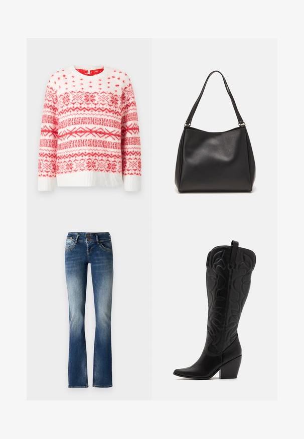 Jersey de punto blanco con patrones geométricos y de copos de nieve rojos, con un cuello redondo y puños y dobladillo acanalados.; Jeans de mezclilla azul de corte acampanado con un lavado ligeramente desgastado, cierre de dos botones y costuras decorativas en los bolsillos frontales.; Botas negras de cuero hasta la rodilla con punta puntiaguda y tacón apilado. Presentan costuras decorativas y elementos de diseño curvados.; Bolso de mano de cuero sintético negro con una textura suave, forma de hobo y doble asa; presenta un acabado brillante y un diseño minimalista.