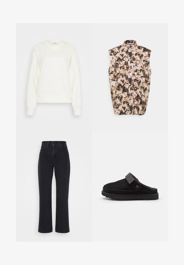 Crewneck sweatshirt in off-white, gemaakt van een zachte katoenmix. Heeft lange mouwen, een ontspannen pasvorm en ribgebreide zoom en manchetten.; Samsøe Samsøe TEA - Overhemdblouse - clay; Zwarte high-waist jeans met rechte pijpen, voorzakken en riemlussen op een witte achtergrond.; Zwarte suède instap klompen met een ronde neuzen, zachte textuur, verstelbare band en een dikke rubberen zool met een patroonprofiel voor grip.