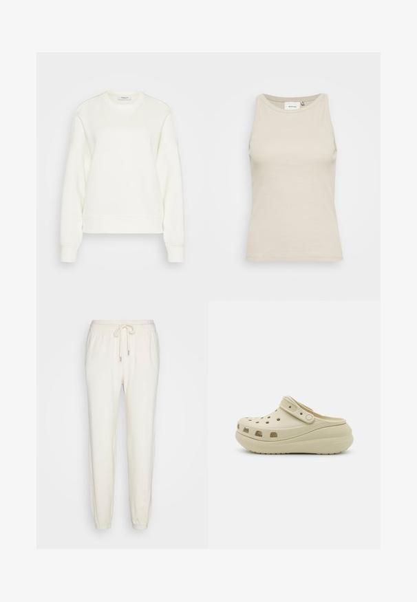 Huppari, jossa on pyöreä kaula-aukko, off-white väri, valmistettu pehmeästä puuvillasekoitteesta. Omaavat pitkät hihat, rennon leikkauksen sekä resorit helmassa ja hihoissa.; Vaaleanbeige tanktoppi, joka on valmistettu ribbatusta kankaasta, pyöreällä pääntiellä ja hihattomalla muotoilulla. Sisäpuolella on hienovarainen brändilogo.; aerie TWIST SEAM JOGGER - Verryttelyhousut - toasted coconut; Beige slip-on kloksi, jossa on rei'itetty päällinen, säädettävä remmi ja paksu pehmustettu pohja, suunniteltu rentoon mukavuuteen.