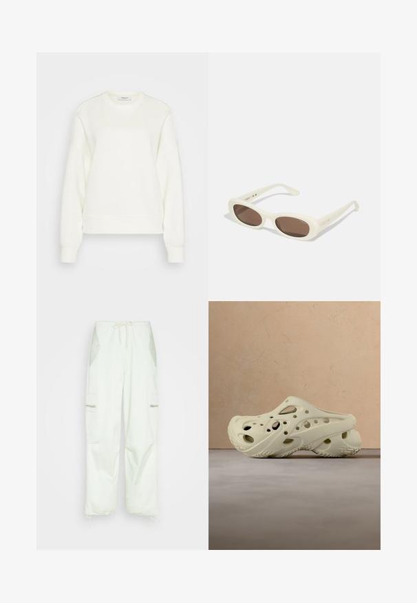 Sweatshirt à col ras du cou en blanc cassé, fabriqué à partir d'un mélange de coton doux. Présente des manches longues, une coupe décontractée, et un ourlet et des poignets côtelés.; Samsøe Samsøe CHI TROUSERS - Pantalon cargo - frosted mint; Paire de sabots crème à enfiler avec plusieurs trous d'aération, posée sur un tapis beige près d'un canapé marron clair.; Lunettes de soleil crème avec des verres en forme ovale, teintés de brun, dotées d'une finition brillante et d'un discret logo "Vogue" sur le côté.