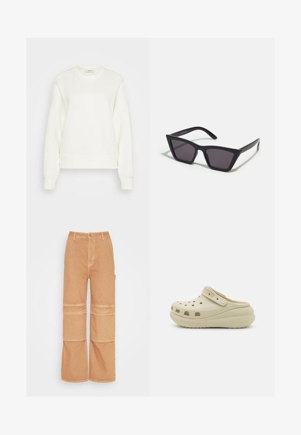 Sweatshirt à col ras du cou en blanc cassé, fabriqué à partir d'un mélange de coton doux. Présente des manches longues, une coupe décontractée, et un ourlet et des poignets côtelés.; Samsøe Samsøe Jean boyfriend - earth; Sabot beige à enfiler avec dessus perforé, bride réglable et semelle épaisse et coussinée, conçu pour un confort décontracté.; Lunettes noires angulaires avec des verres gris ; fabriquées en plastique, avec des branches épaisses à la surface lisse et sans matériel visible.