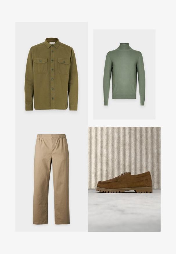 Pull vert à manches longues avec col roulé, col, poignets et ourlet côtelés, présenté sur un fond gris neutre.; Chemise en coton vert olive avec une fermeture à boutons sur le devant, deux poches avant et des manches longues. Elle présente un col pointu et un ourlet arrondi.; Pantalon beige à taille élastique et jambes droites en tissu uni, présenté sur un fond gris clair.; Chaussure à lacets en daim marron avec semelle épaisse et striée flottant au-dessus d'un tapis beige, avec une table ovale marron en arrière-plan.