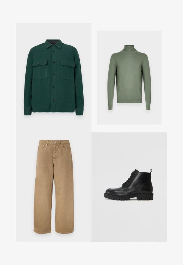 Pull vert à manches longues avec col roulé, col, poignets et ourlet côtelés, présenté sur un fond gris neutre.; Veste chemise texturée verte avec un col, deux poches avant et des boutons noirs, fabriquée à partir d'un matériau doux et tissé.; Pantalon beige en coton à jambes droites, avec bouton sur le devant, fermeture éclair, passants pour ceinture, et design à cinq poches, présenté sur un fond blanc.; Bottines en cuir noir à bout rond, avec des lacets à l'avant et une semelle en caoutchouc texturée. Comprend une languette à l'arrière pour un enfilage facile.