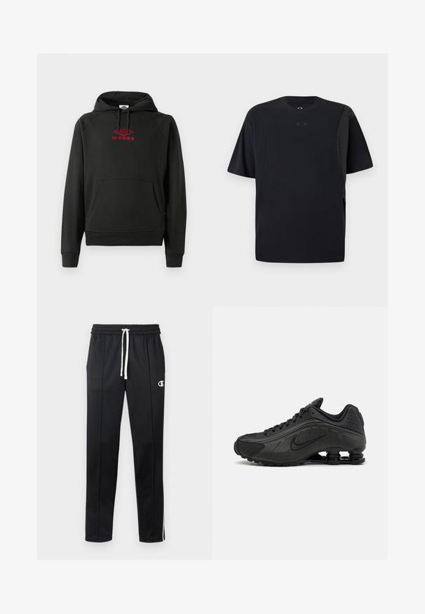 Zwarte hoodie met rood "Umbro"-logo, voorzak, geribbelde boorden en zoom; gemaakt van zacht, flexibel materiaal.; Zwarte korte mouwen t-shirt van gladde stof, met een asymmetrisch ontwerp en een klein logo op de borst.; Zwarte sportbroek met witte trekkoord, zijstrepen, voorzakken en een klein wit Champion-logo op de linkerdij.; Zwarte hardloopschoenen met een glad bovenwerk van synthetisch materiaal, geperforeerde accenten, gestructureerde zijpanelen en een opvallende veerkrachtige zool.