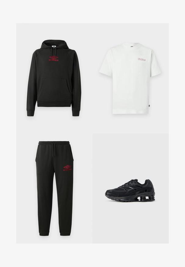 Sudadera negra con capucha y logo rojo de "Umbro", bolsillo frontal, puños y dobladillo acanalados; fabricada con un material suave y flexible.; Camiseta blanca de algodón con mangas cortas, cuello redondo y un logotipo rosa "Dickies" en el área izquierda del pecho. Textura suave.; Pantalones de chándal negros con cintura y puños elásticos, bolsillos laterales y logo rojo de Umbro en el muslo izquierdo.; Zapatilla deportiva negra con parte superior de malla, cuello acolchado y tecnología de amortiguación prominente en el talón. Presenta detalles texturizados y cordones.