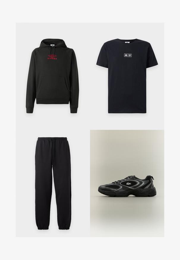 Sudadera negra con capucha y logo rojo de "Umbro", bolsillo frontal, puños y dobladillo acanalados; fabricada con un material suave y flexible.; Camiseta de algodón negra con mangas cortas y cuello redondo. Presenta un parche con logotipo en el frontal que incluye texto. Diseño simple y sin adornos.; Pantalones jogger negros hechos de una tela suave, con cintura elástica y cordón ajustable, y dobladillos en los tobillos.; Zapatilla deportiva negra y gris con paneles de malla, diseño de cordones, suela gruesa y un pequeño logo de cocodrilo en el costado.