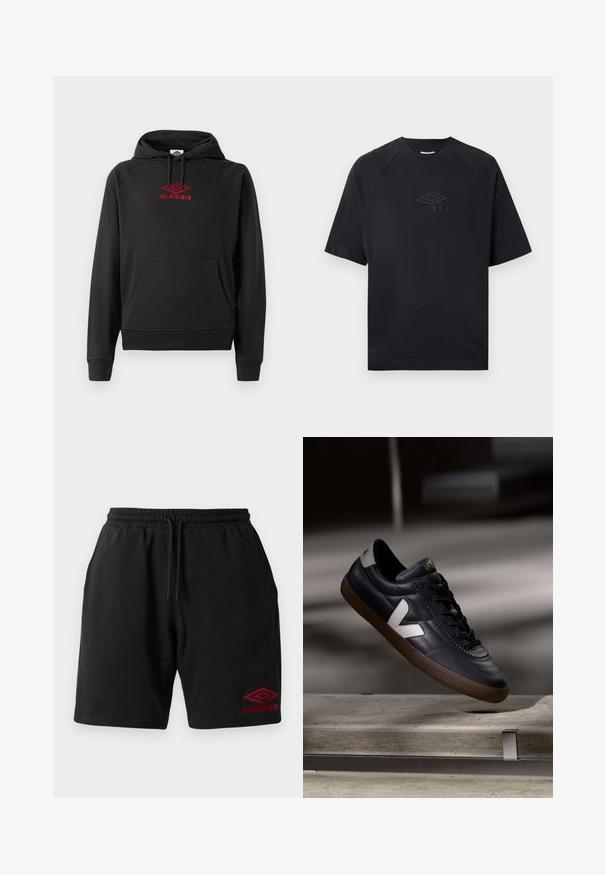 Sweat à capuche noir avec logo "Umbro" rouge, poche avant, poignets et ourlet côtelés ; fabriqué en matériau doux et flexible.; T-shirt noir à manches courtes avec col rond, arborant un logo Umbro subtilement embossé au centre de la poitrine.; Shorts noirs à cordon de serrage avec poches latérales et logo Umbro rouge brodé sur la cuisse gauche.; Baskets en cuir noir avec logo V blanc, avant lacé, détails perforés et semelle en caoutchouc brun; design épuré avec peu d'accents.