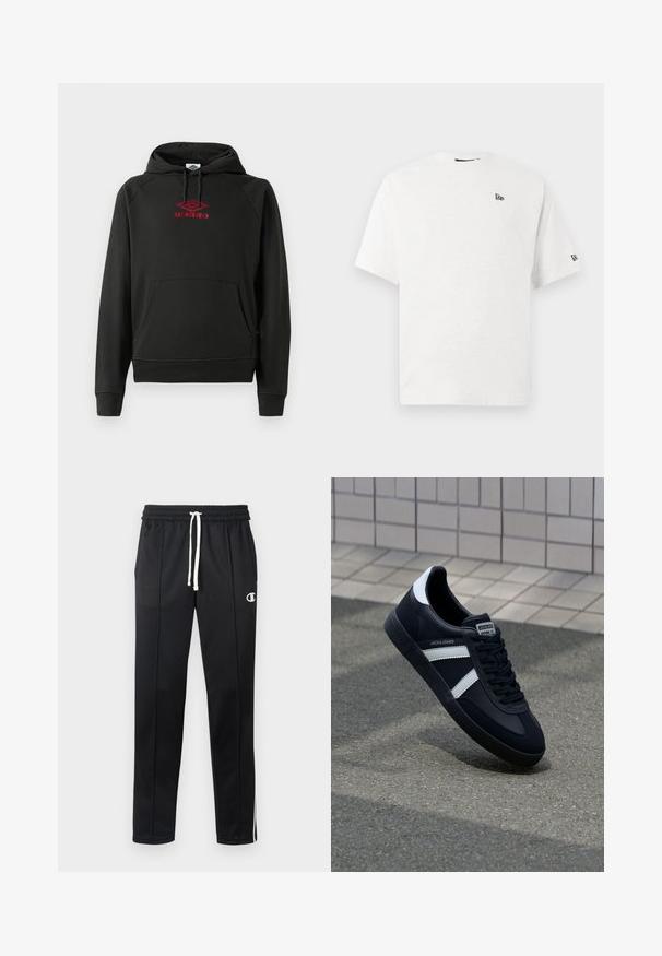 Čierna mikina s kapucňou s červeným logom „Umbro“, predným vreckom, rebierkovými manžetami a lemom; vyrobená z mäkkého, pružného materiálu.; Biele bavlnené tričko s krátkymi rukávmi, okrúhlym výstrihom a malým čiernym logom na ľavej hrudi a pravej rukáve.; Čierne športové nohavice s bielym šnúrkovým pásom, bočnými pruhmi, prednými vreckami a malým bielym logom Champion na ľavom stehne.; Čierne kožené tenisky s bielymi pruhmi, textúrovanou gumovou podrážkou a šnurovaním vpredu. Obsahujú označenie značky na jazyku.