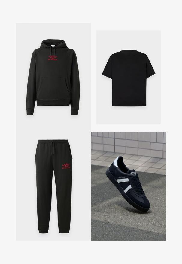Sudadera negra con capucha y logo rojo de "Umbro", bolsillo frontal, puños y dobladillo acanalados; fabricada con un material suave y flexible.; Camiseta negra lisa de manga corta y cuello redondo mostrada sobre un fondo gris claro.; Pantalones de chándal negros con cintura y puños elásticos, bolsillos laterales y logo rojo de Umbro en el muslo izquierdo.; Zapatilla de cuero negra con rayas blancas, suela de goma texturizada y parte frontal con cordones. Cuenta con una etiqueta de marca en la lengüeta.