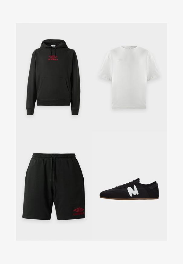 Must kapuutsiga dressipluus punase "Umbro" logoga, eesmine tasku, soonikkoes varrukad ja alläär; valmistatud pehmest, elastse materjaliga.; Valge puuvillane T-särk lühikeste varrukatega, ümmarguse kaelusega ja kerge halli värvi logo trükiga rinnaosal; sile tekstuur ja mugav lõige.; Mustas nööriga lühikesed püksid küljetaskutega ja punane Umbro logo tikandiga vasakul alaküljel.; Must madal tennisking õhukese pruuni tallaga ja valge stiliseeritud "M" logoga küljel, vaadatuna vasakult.