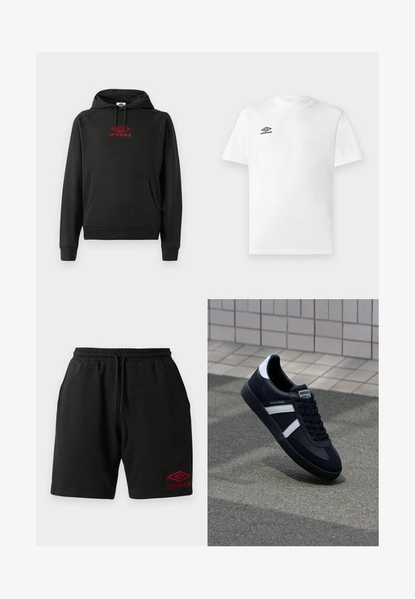 Must kapuutsiga dressipluus punase "Umbro" logoga, eesmine tasku, soonikkoes varrukad ja alläär; valmistatud pehmest, elastse materjaliga.; Valge lühikeste varrukatega t-särk musta Umbro logoga vasakul rinnal, ümmargune kaelus, lihtne disain, esitatud heledal taustal.; Mustas nööriga lühikesed püksid küljetaskutega ja punane Umbro logo tikandiga vasakul alaküljel.; Must have musta sneaker musta valgete triipudega, tekstuurne kummitald ja nööridega esiosa. Omab bränditud märki keele peal.