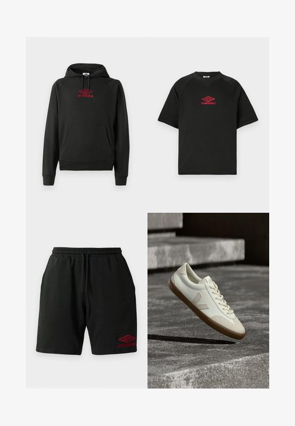 Zwarte hoodie met rood "Umbro"-logo, voorzak, geribbelde boorden en zoom; gemaakt van zacht, flexibel materiaal.; Zwarte t-shirt met korte mouwen en ronde hals met het rode Umbro-logo in het midden van de borst op een plain witte achtergrond.; Zwarte sweatshorts met trekkoord, zijzakken en een rood Umbro-logo geborduurd op de onderste linkerbenen.; Witte leren sneakers met een bruine rubberen zool, platte veters en een V-vormig accent aan de zijkant. Ze hebben een glad oppervlak en minimale stikdetails.