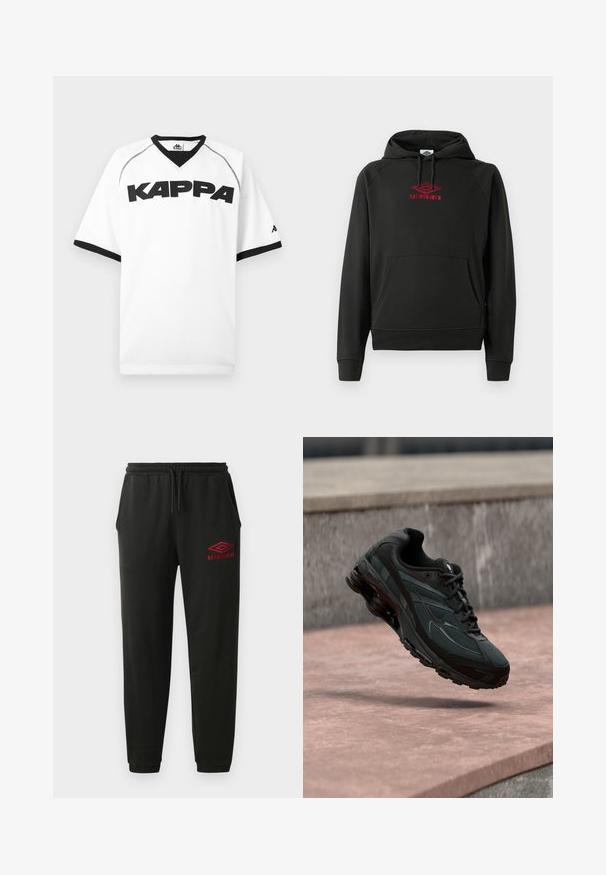 Sweat à capuche noir avec logo "Umbro" rouge, poche avant, poignets et ourlet côtelés ; fabriqué en matériau doux et flexible.; Maillot de sport blanc à manches courtes avec bordure noire, texte noir "KAPPA" sur la poitrine et petit logo sur la manche gauche.; Pantalons de jogging noirs avec taille et poignets élastiques, poches latérales et logo Umbro rouge sur la cuisse gauche.; Baskets athlétiques noires avec une semelle intercalaire à coussin d’air visible flottant au-dessus d’une surface en pierre rose avec un mur en pierre gris en arrière-plan.