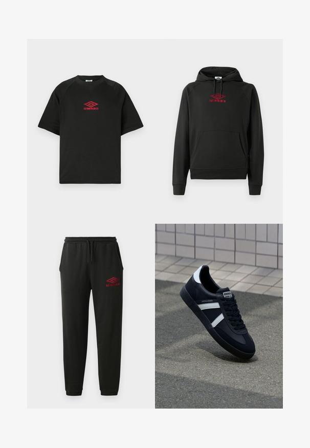 Sort hættetrøje med rød "Umbro"-logo, foranlomme, ribstrikkede manchetter og kant; lavet af blødt, fleksibelt materiale.; Sort kortærmet crewneck skjorte med rødt Umbro logo centreret på brystet mod en ensfarvet hvid baggrund.; Sorte sweatpants med elastisk talje og manchetter, sidelommer og rødt Umbro-logo på venstre lår.; Sort lædersneaker med hvide striber, tekstureret gummisål og snørrebånd foran. Har et brandet mærke på tungen.