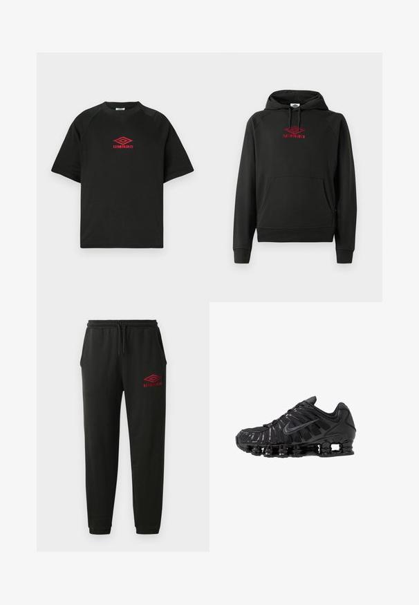 Zwarte hoodie met rood "Umbro"-logo, voorzak, geribbelde boorden en zoom; gemaakt van zacht, flexibel materiaal.; Zwarte t-shirt met korte mouwen en ronde hals met het rode Umbro-logo in het midden van de borst op een plain witte achtergrond.; Zwarte trainingsbroek met elastische tailleband en boorden, zijzakken en een rood Umbro-logo op de linker bovenbeen.; Zwarte sportschoenen gemaakt van mesh en synthetische materialen, met een opvallend golvend ontwerp, zwarte rubberen zool en reflecterende accenten.