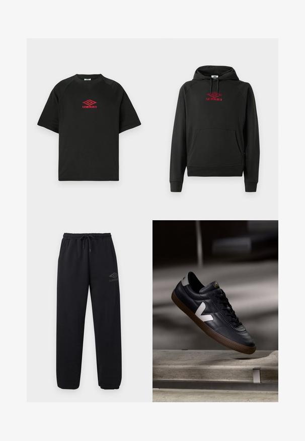 Must kapuutsiga dressipluus punase "Umbro" logoga, eesmine tasku, soonikkoes varrukad ja alläär; valmistatud pehmest, elastse materjaliga.; Must alusseigiga T-särk musta värvi, lühikeste varrukatega, mille rinnal on keskel punane Umbro logo, valge tausta taustal.; Mustad vabaaja dressipüksid elastse vöökohaga ja soonikkoes ääristega, nööriga, küljetaskutega ja väikese Umbro logoga paremal reiel.; Mustaline ehted mustast nahast tossud valge V-logoga, sidumisfront, perforeeritud detailid ja pruun kummitala; stiilne disain minimaalse aktsendiga.