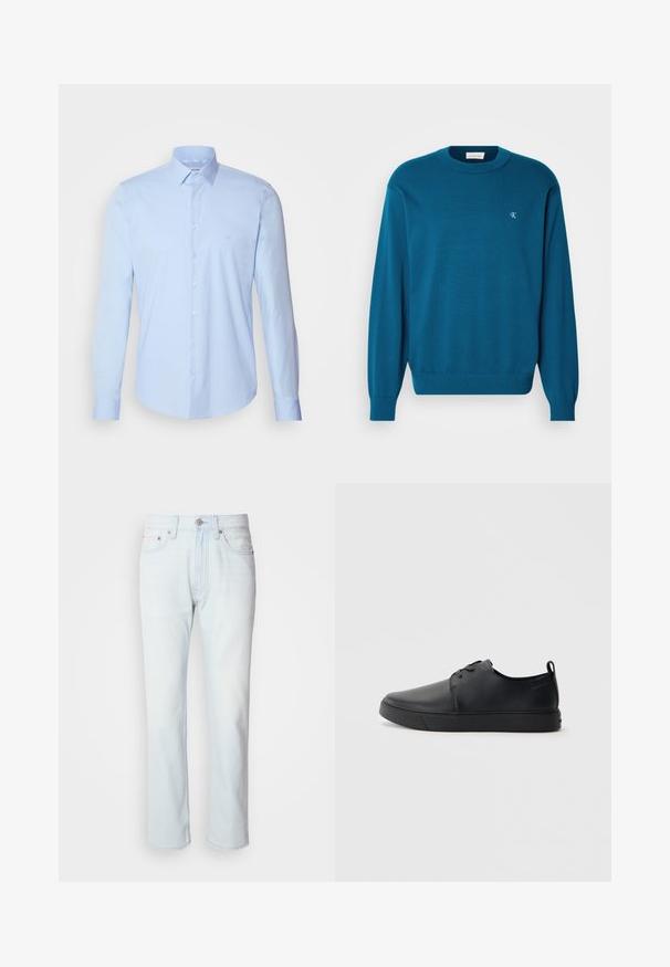 Pull en maille turquoise avec un col rond, des manches longues et un ourlet côtelé. Présente un petit logo en haut à gauche. Texture douce.; Chemise boutonnée bleu clair en coton, avec un col classique, des manches longues et un petit logo sur la poitrine. Texture lisse.; Jean en denim bleu clair avec une coupe droite. Présente une fermeture à bouton et des passants de ceinture, mettant en valeur une texture décolorée et des coutures minimalistes.; Baskets en cuir noir avec une finition lisse, bout arrondi, coutures ton sur ton, devant à lacets et semelle plate en caoutchouc. Anse au talon.