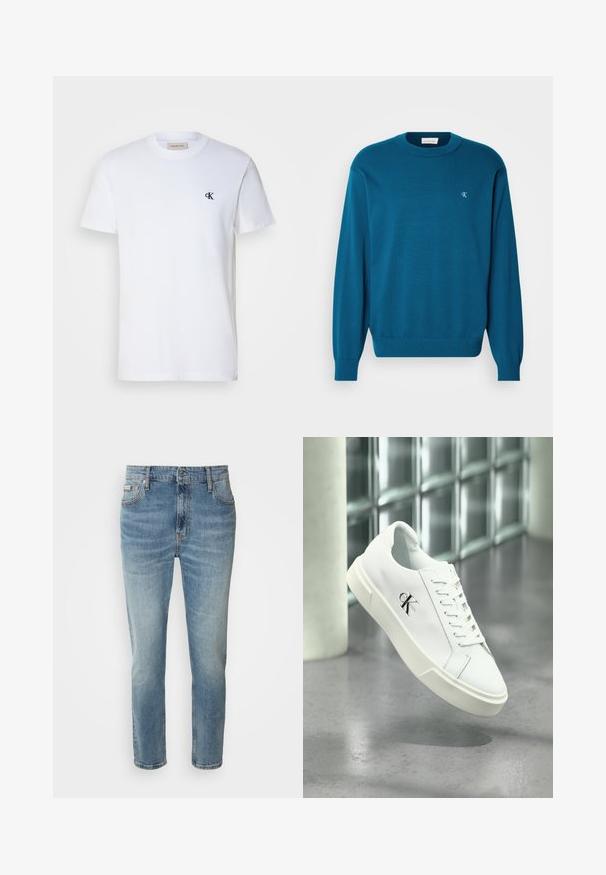 Suéter de punto turquesa con cuello redondo, mangas largas y dobladillo acanalado. Presenta un pequeño logo en la parte superior izquierda. Textura suave.; Camiseta de algodón blanca con mangas cortas y cuello redondo. Presenta un pequeño logo negro "ck" en el lado izquierdo del pecho. Corte clásico. Textura suave.; Vaqueros de mezclilla azul claro con corte recto, cinco bolsillos y un ligero desgaste. Cuentan con un cierre de botón y cremallera, así como una cinturilla clásica.; Zapatilla blanca Calvin Klein con cordones, mostrada flotando sobre un suelo de cemento pulido y un fondo de pared de bloques de vidrio.