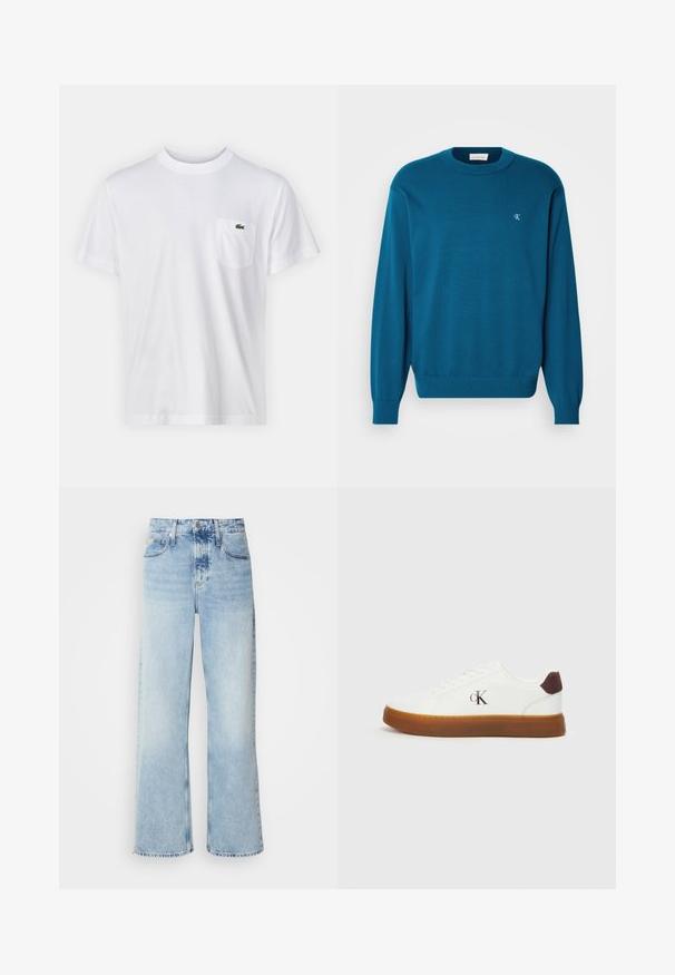 Turkis strikket sweater med rund hals, lange ærmer og ribbet kant. Har et lille logo i øverste venstre hjørne. Blød tekstur.; Hvid bomulds T-shirt med rund halsudskæring og korte ærmer. Har en lomme på venstre bryst og et lille grønt Lacoste-logo.; Lysblå vide jeans med høj talje, der har en falmet finish, bæltestropper og klassisk fem-lomme design. Kantene er rå.; Hvide sneakers med en gummisål, flade snørebånd og en hæl-accent i brunt ruskind. Har et subtilt præget "cK" logo på siden.