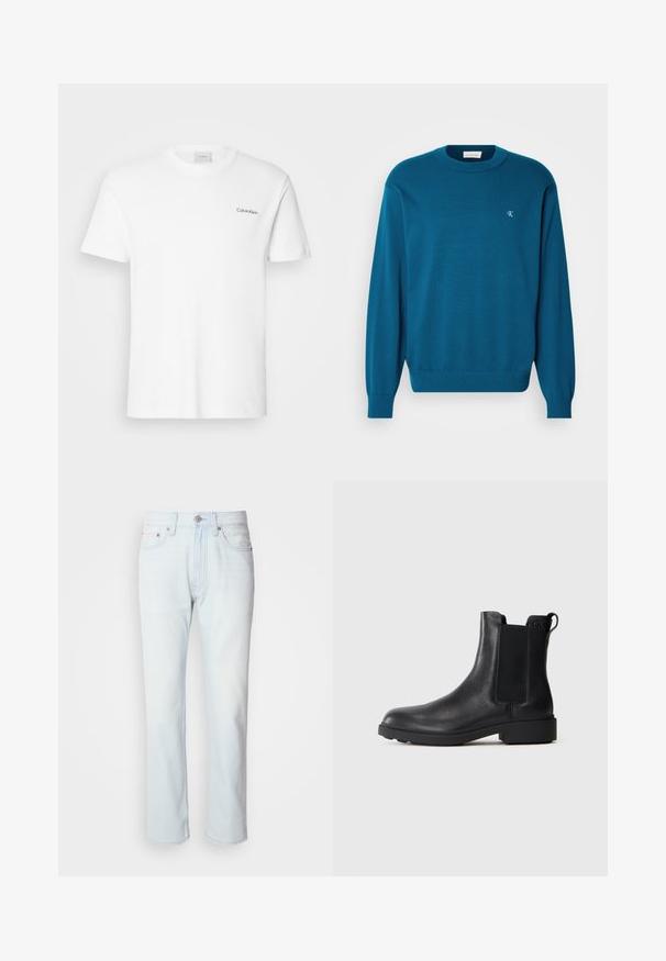 Suéter de punto turquesa con cuello redondo, mangas largas y dobladillo acanalado. Presenta un pequeño logo en la parte superior izquierda. Textura suave.; Camiseta de algodón blanca con mangas cortas y un escote en forma de cuello redondo. Presenta un pequeño logotipo negro de "Calvin Klein" en el lado izquierdo del pecho.; Jeans de mezclilla azul claro con corte recto. Cuentan con un cierre de botón y pasadores para cinturón, mostrando una textura desgastada y costuras mínimas.; Botín negro de cuero hasta el tobillo con paneles laterales elásticos, tirador en el talón y suela baja de bloque sobre un fondo liso.