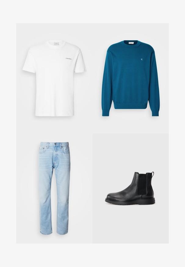 Suéter de punto turquesa con cuello redondo, mangas largas y dobladillo acanalado. Presenta un pequeño logo en la parte superior izquierda. Textura suave.; Camiseta de algodón blanca con mangas cortas y un escote en forma de cuello redondo. Presenta un pequeño logotipo negro de "Calvin Klein" en el lado izquierdo del pecho.; Vaqueros de mezclilla azul claro con corte recto, con secciones desgastadas, diseño de cinco bolsillos y cierre de botones clásico.; Botas Chelsea de cuero negro con acabado texturizado, paneles laterales elásticos y una suela de goma resistente. Marca sutil en el talón.
