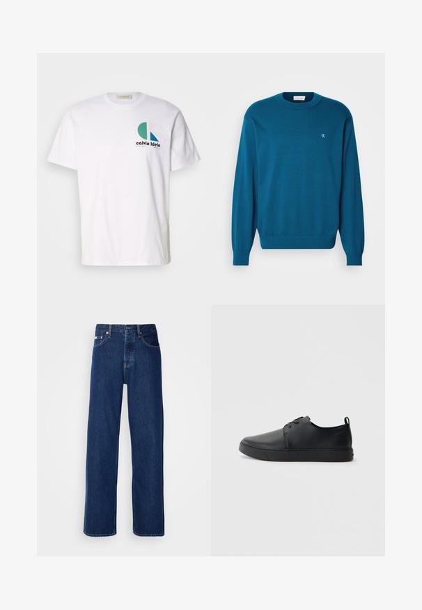 Turquoise gebreide trui met ronde hals, lange mouwen en geribbelde zoom. Beschikt over een klein logo linksboven. Zachte textuur.; Witte katoenen t-shirt met een kleurrijk grafisch ontwerp met ronde vormen en het "Calvin Klein" logo aan de voorkant. Korte mouwen, ronde hals.; Donkerblauwe denim jeans met een wijdbeen ontwerp, voorzien van een knoopsluiting en klassieke vijf-pocket styling. De stof heeft een gladde textuur.; Zwarte leren sneaker met een gladde afwerking, ronde neus, tonale stiknaden, vetersluiting aan de voorkant en een vlakke rubberen zool. Lussje aan de hak.