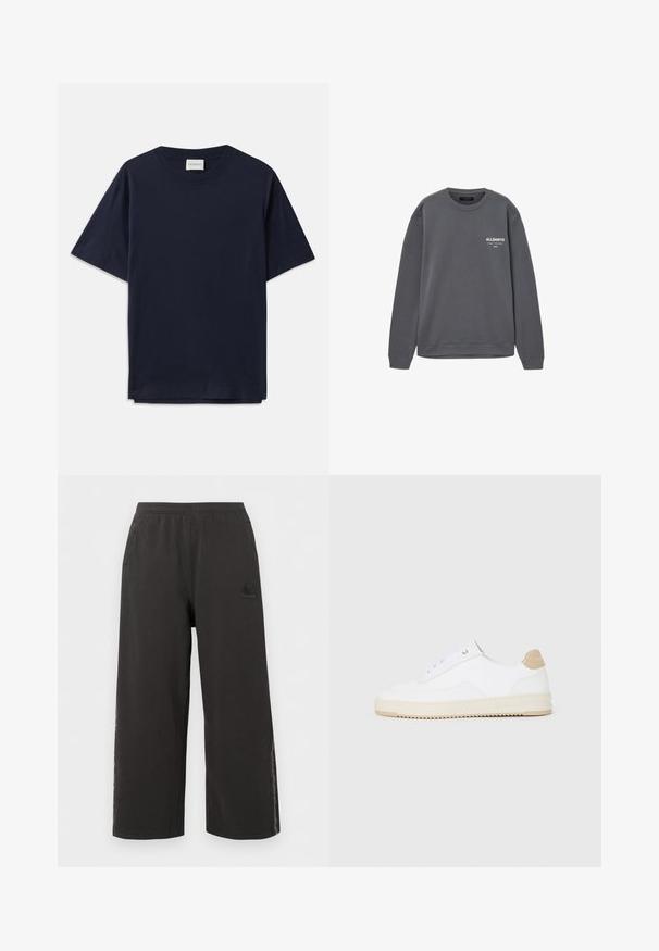 Tumehall crewneck-pusakleit, millel vasakul rinnal on valgega trükitud "ALLSAINTS" ja jaapani tekst, pikad varrukad ning soonikkoes mansetid ja alumine serv.; Tumed sinine puuvillane T-särk lühikeste varrukatega, ümar kaelus ja lõdva istuvusega. Kaelasildil on kiri "CLOSED". Sile tekstuur.; Mustad laiad alaosa vabaaja püksid elastse taljega, küljetaskutega ja õrna logoga vasakul reiel.; Valged madala varsaga tennisetooted, mille pealmine on tekstuuriga nahast, kreemja soonikuga tald ja pruuni tooni kand. Omab valgeid paelu ja logodetaile kanna peal.