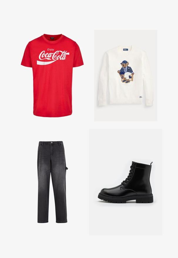 Witte trui met geborduurde beer die een blauwe pet draagt, een marineblauwe blazer, een gestreept overhemd, witte broek en zit op een houten stoel.; Rode katoenen T-shirt met korte mouwen, voorzien van een witte "Coca-Cola"-logo en een golvend ontwerp op de borst. Klassieke ronde halsstijl.; Zwarte denim jeans met een ontspannen pasvorm, voorzien van een knoopsluiting, riemlussen en een zijzak. Soepele textuur met vervaagde details.; Zwarte leren enkellaars met een ronde neus, vetersluiting, geprofileerde buitenzool en een trekband aan de achterkant voor gemakkelijk aan- en uittrekken.