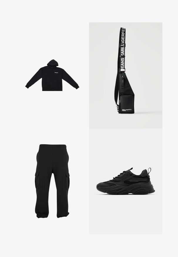 Sort hættejakke lavet af blødt stof, med en frontlomme, lange ærmer og hætte med snoretræk. "Dropsize" logo i hvid på brystet.; Sorte cargo bukser med elastisk talje, to sidelommer og tapered ben. Stoffet har en glat tekstur, egnet til afslappet brug.; Sorte atletiske sneakers med en kraftig sål, meshpaneler og gummidetaljer. Har en trækflap ved hælen og strukturerede mønstre.; Sort crossbody taske med lynlåslomme foran og justerbar rem med teksten "KARL LAGERFELD JEANS" i hvide bogstaver.