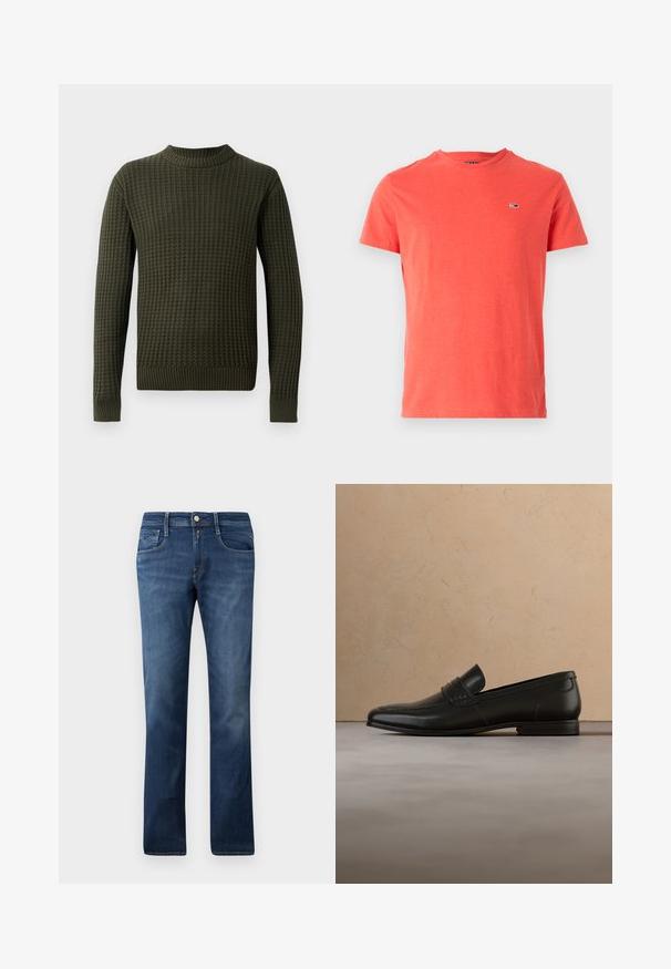 Donkergroen gebreide trui met een textuurpatroon, geribbelde halslijn en manchetten. Lange mouwen en een rechte snit zonder versieringen.; Rode katoenen t-shirt met een ronde hals en korte mouwen; heeft een klein logo op de borst. Glad materiaal en normale pasvorm.; Blauwe denim jeans met een recht gesneden ontwerp, voorzien van zijzakken, een ritssluiting en een knoopsluiting. Medium was met subtiele vervaging.; Zwarte leren loafer schoenen zwevend in de lucht boven een beige tapijt met een beige bank op de achtergrond.