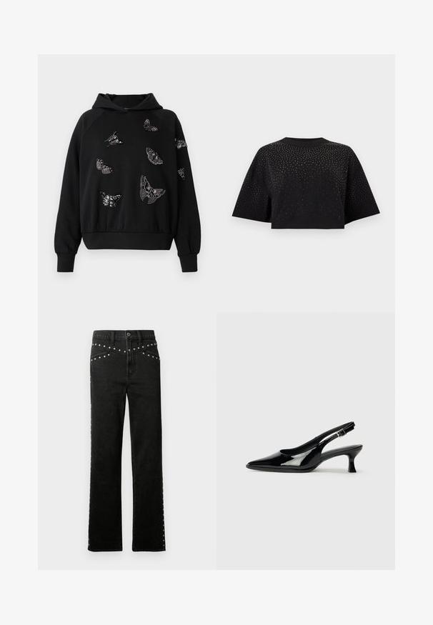 Sudadera negra con un corte relajado, que presenta varios diseños de mariposas de beads en tonos plateados y negros en la parte frontal y las mangas.; Top corto negro con mangas anchas y escote redondo, decorado con pequeños tachuelas plateadas dispersas en la parte delantera y las mangas.; Jeans de mezclilla negra con pierna recta, adornados con tachuelas plateadas a lo largo de la cintura y los lados. La tela tiene una textura suave con un ajuste clásico.; Zapatos de charol negro tipo slingback con punta afilada y tacón bajo. Correa ajustable con hebilla en el tobillo.