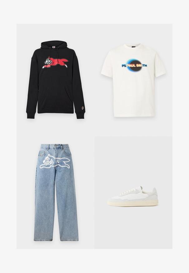 Sweat à capuche noir en mélange de coton, avec un motif graphique rouge, blanc et gris représentant un loup en saut. Comprend une poche avant et des poignets côtelés.; T-shirt blanc à manches courtes avec un cercle noir flou et le texte "PS PAUL SMITH" en bleu, jaune, rouge et noir sur la poitrine.; Jeans en denim de couleur bleu clair avec une coupe décontractée et jambes larges. Présente un graphique blanc d'un chat courant à l'arrière. Design classique à cinq poches.; Baskets blanches avec dessus en daim et cuir texturé. Caractérisées par un bout arrondi, une fermeture à lacets et une semelle en caoutchouc beige contrastante.