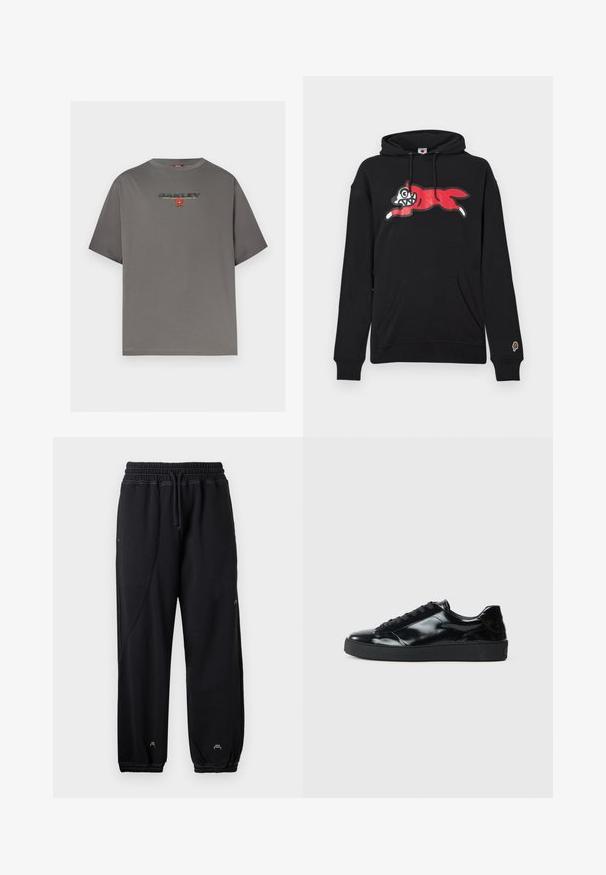 Sweat à capuche noir en mélange de coton, avec un motif graphique rouge, blanc et gris représentant un loup en saut. Comprend une poche avant et des poignets côtelés.; T-shirt gris à manches courtes avec le logo "OAKLEY" et un petit graphisme rouge centré sur la poitrine, présenté sur un fond blanc uni.; Pantalons de survêtement noirs avec une taille élastique et un cordon de serrage. Comprend des poches latérales et des poignets élastiques, fabriqués dans un tissu doux.; Baskets en cuir verni noir avec un bout arrondi, un laçage, une semelle en caoutchouc texturé et une finition lisse.